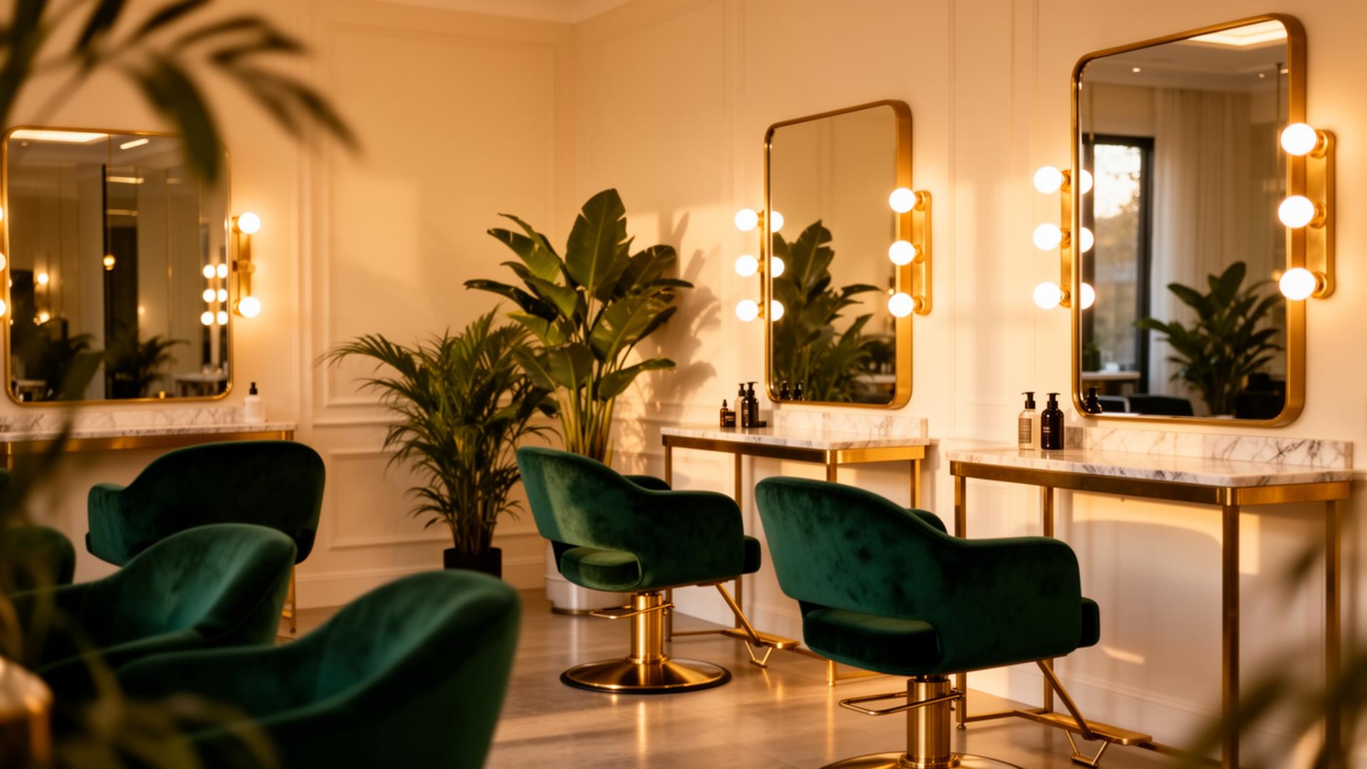 Maison Verde salon interior with emerald velvet chairs and brass mirrors